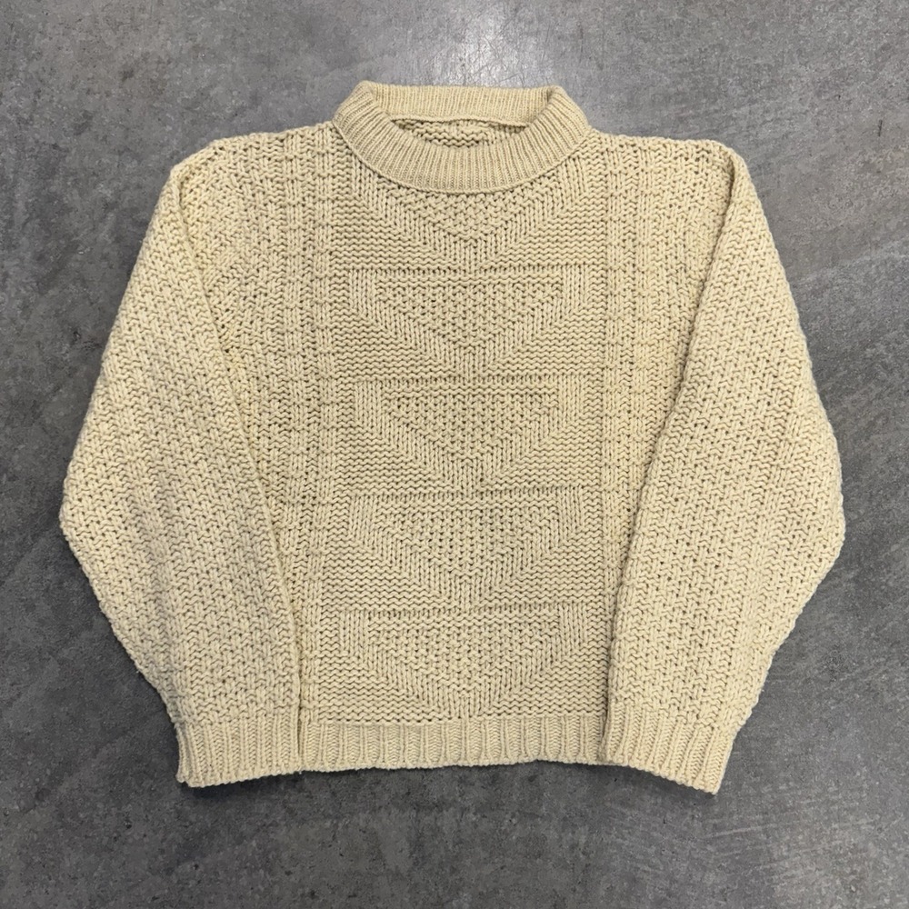Vintage 70s Wool Kodel Fisherman Sweater Cream Chunky Geometric Knit Medium